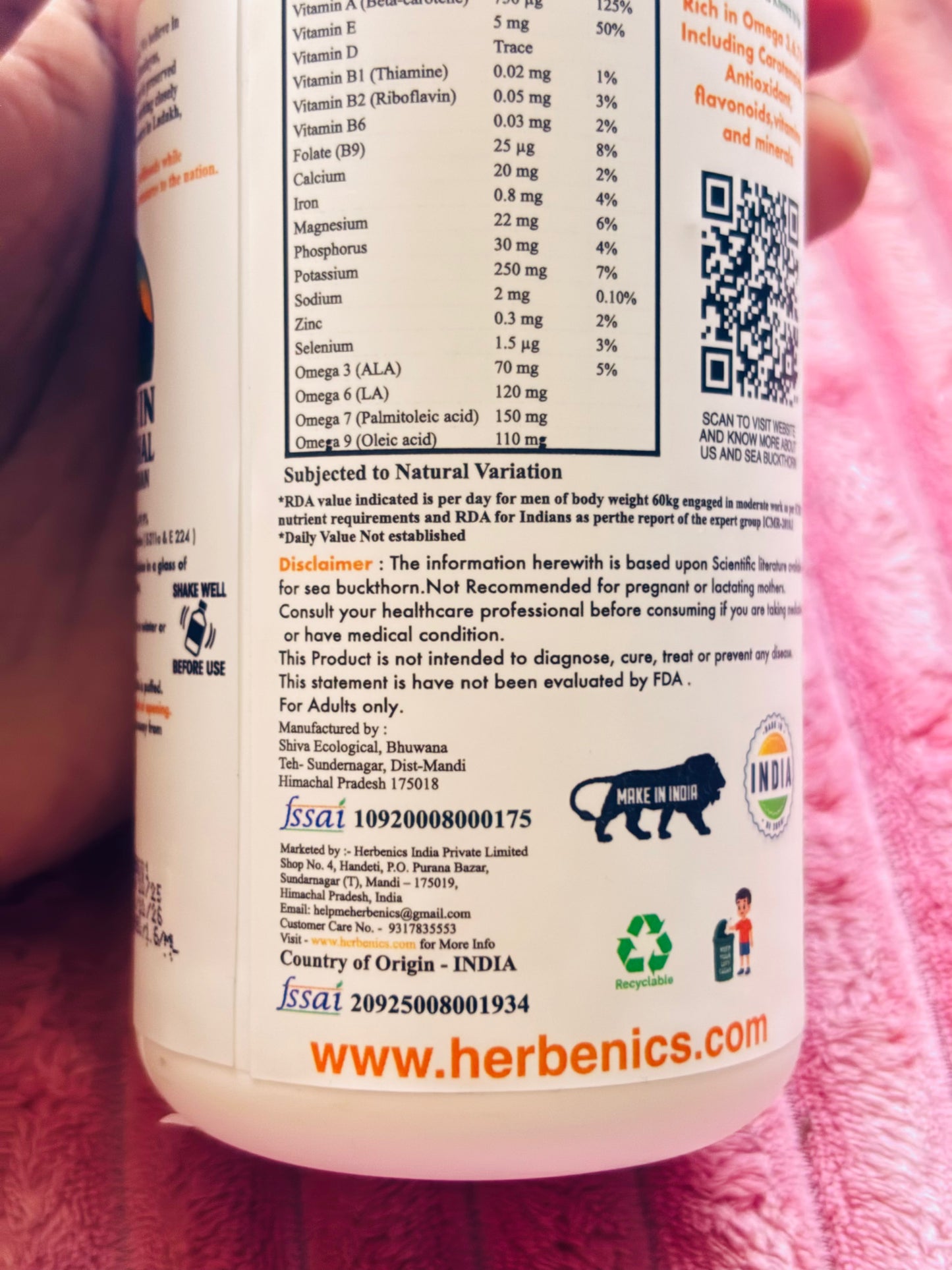 Sea Buckthorn Made In Himachal Pulp Juice, Liquid Concentrate 500ml