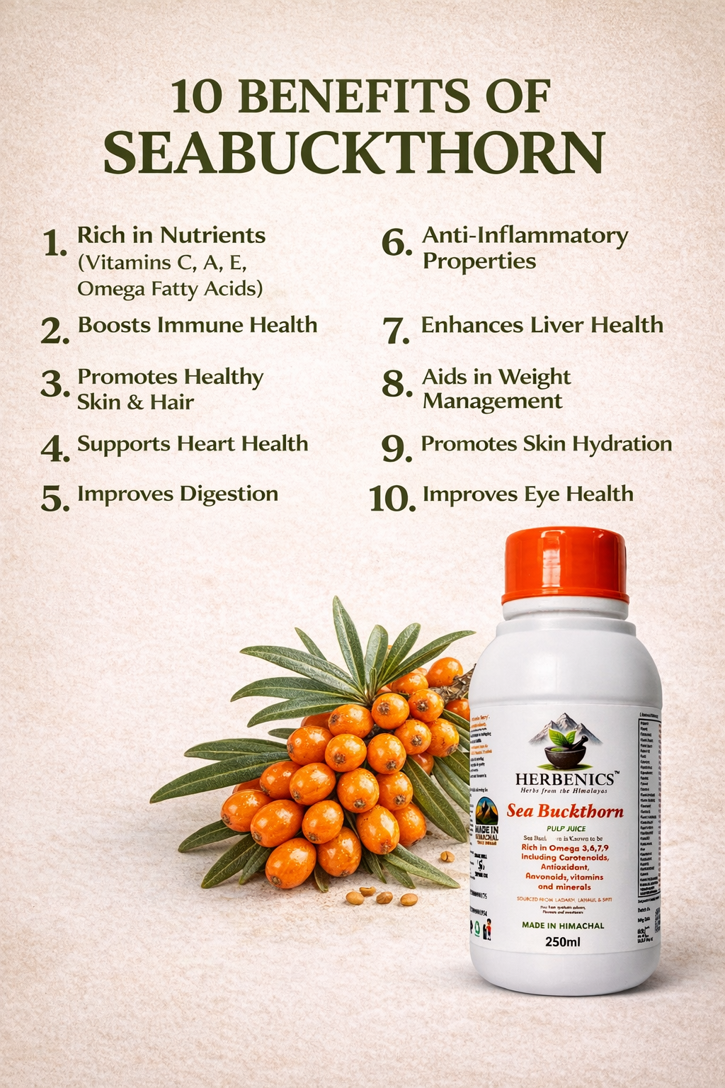 Seabuckthorn Made in Himachal Pulp Juice, Liquid Concentrate 250ML